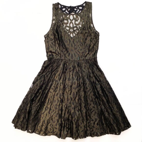 NWT Anthro Gold/Black Shimmering Lace Cocktail Dress By Frock Tracy Reese Size 6 - Picture 3 of 15